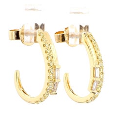 Natural White Baguette Diamond 0.56 Carat TW Yellow Gold Hoop Earrings