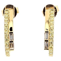 Natural White Baguette Diamond 0.56 Carat TW Yellow Gold Hoop Earrings