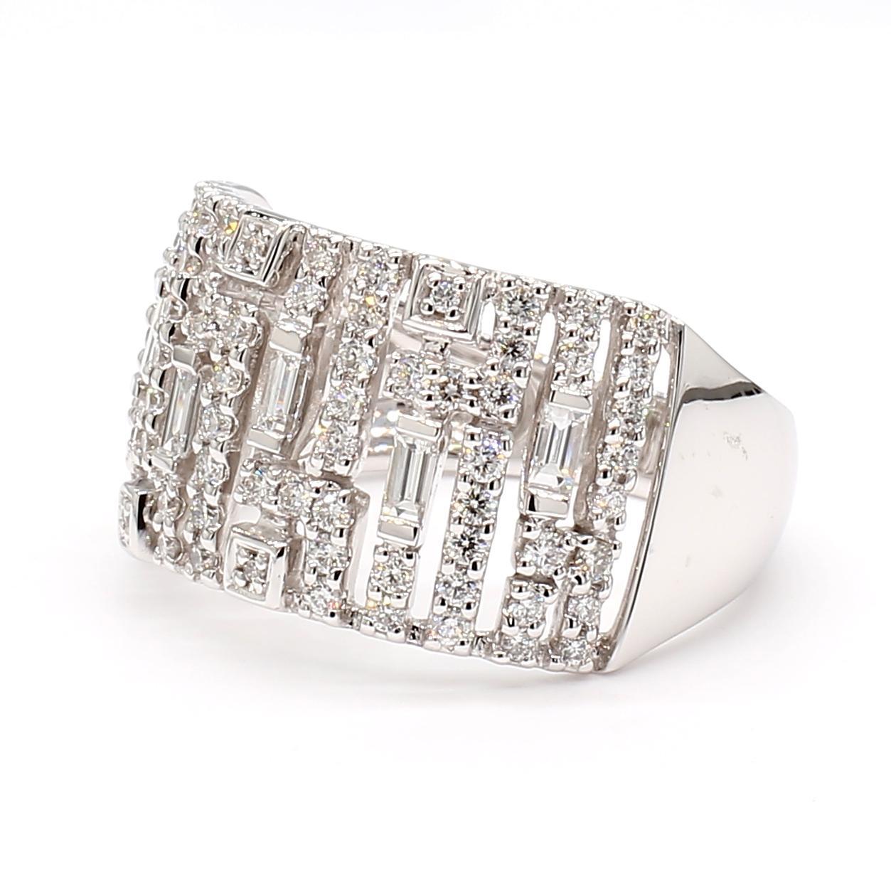 RareGemWorld's beautiful diamond cocktail ring. Mounted in a beautiful 18K White Gold setting with natural baguette white diamonds complimented by natural round white diamond melee. This ring is guaranteed to impress and enhance your personal
