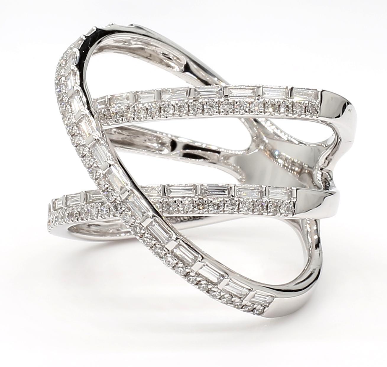 RareGemWorld's beautiful diamond cocktail ring. Mounted in a beautiful 18K White Gold setting with natural baguette white diamonds complimented by natural round white diamond melee. This band is guaranteed to impress and enhance your personal