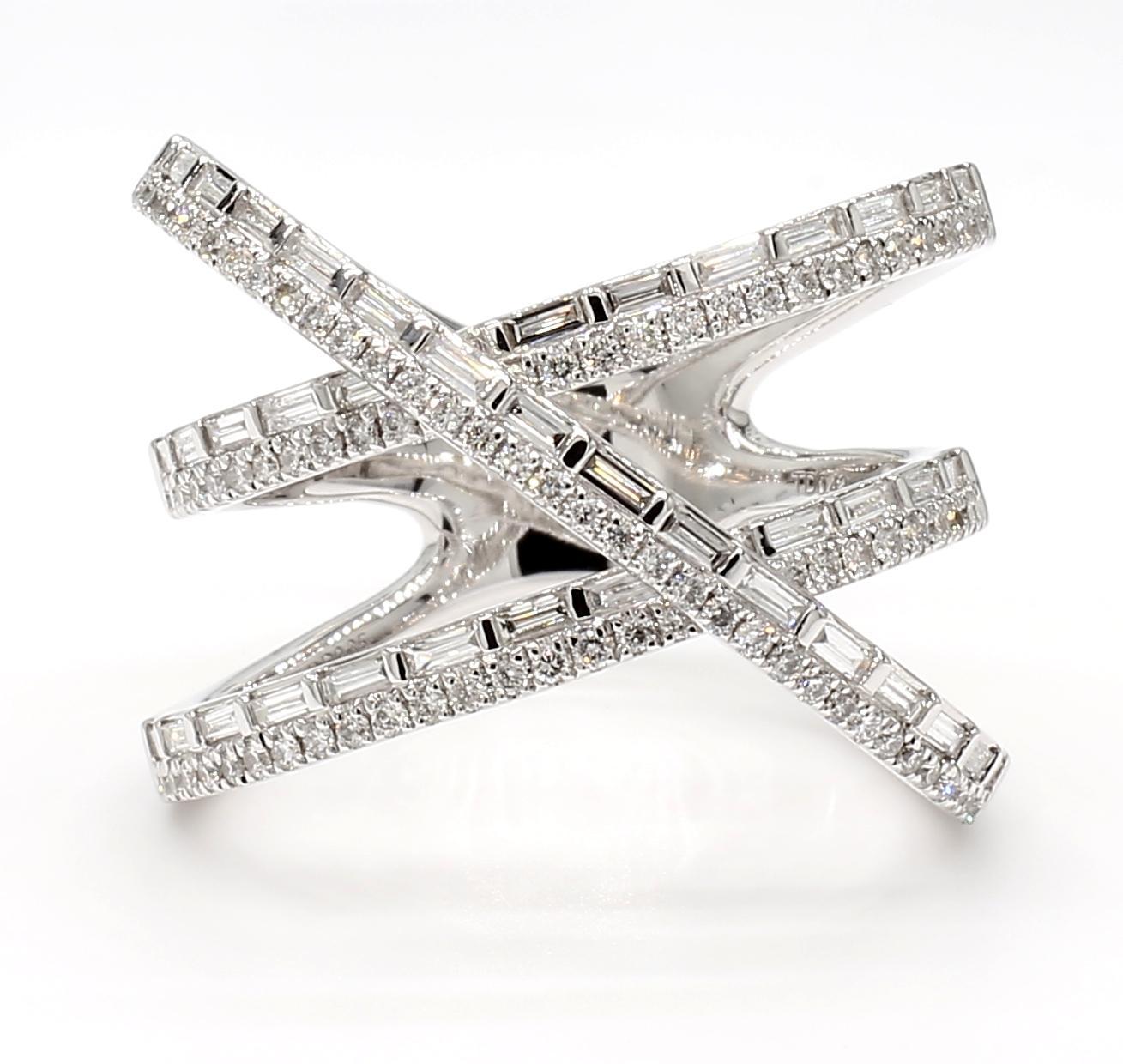 Contemporary Natural White Baguette Diamond 0.78 Carat TW White Gold Cocktail Ring For Sale