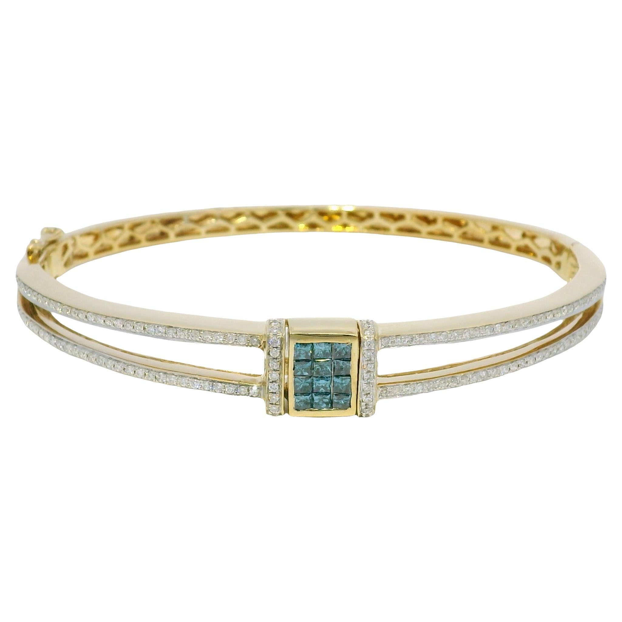 Bracelet en diamant naturel blanc et bleu irradié 14 carats En stock