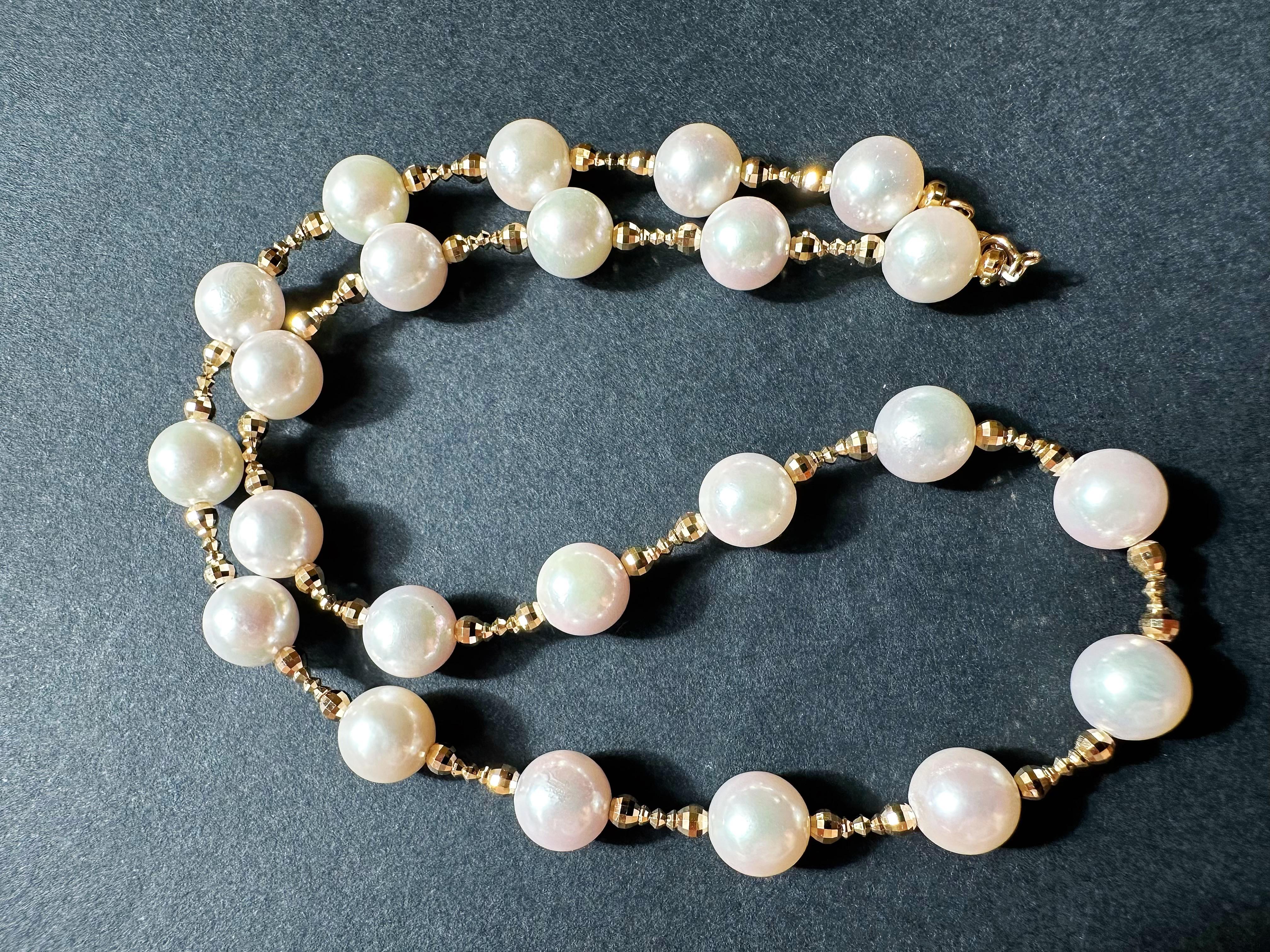 A beautiful handmade AAA grade white Akoya round pearl necklace in 18K Golden Beads.

Each pearl is unique, with the perfect amount of shine. The pearls are ethically sourced and chosen intuitively for the wearer.  The pendant is handmade with love