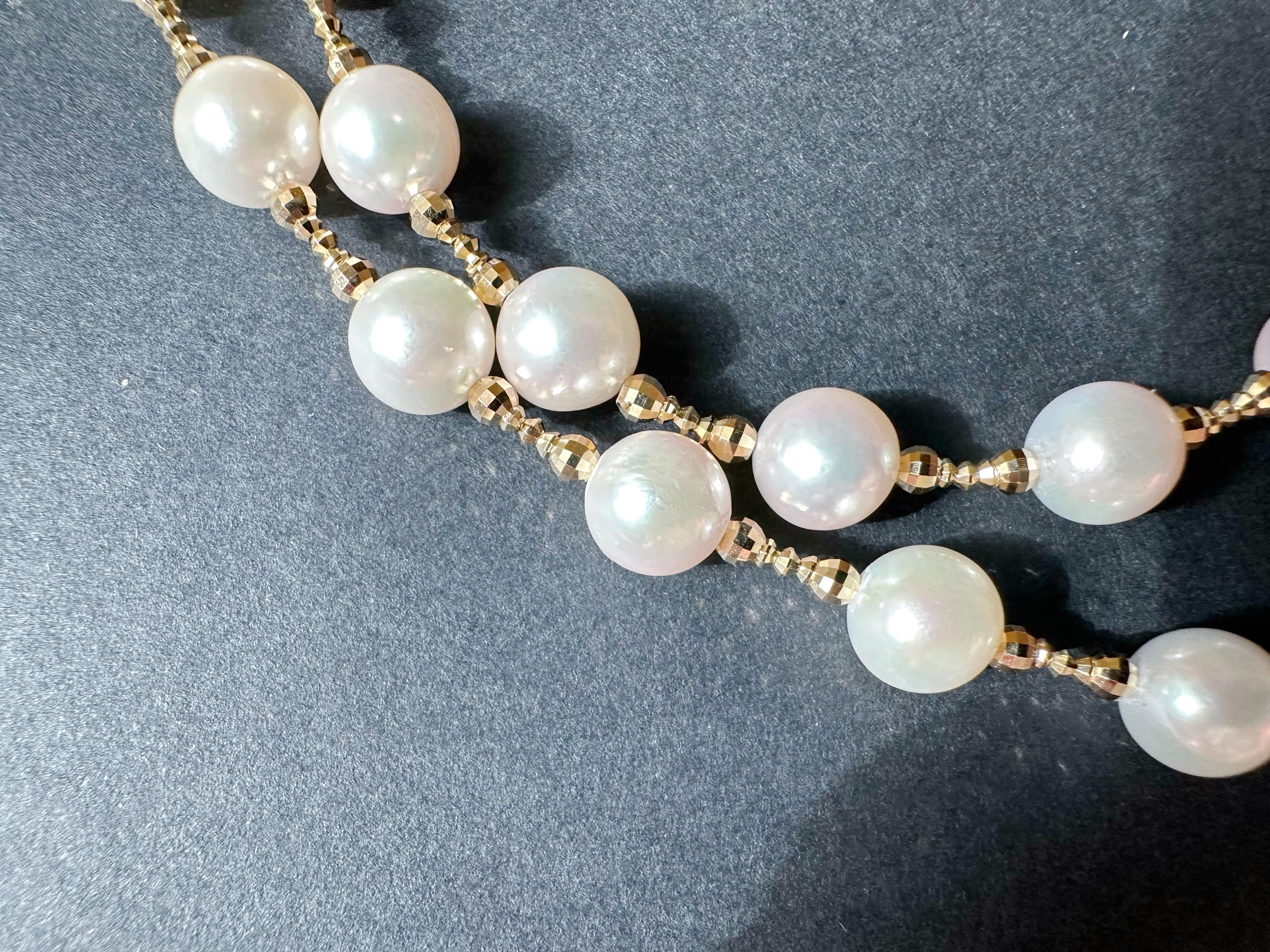 Women's or Men's Natural White Colour Japan Sea Water Akoya Pearl Necklace with 18K Golden Beads For Sale