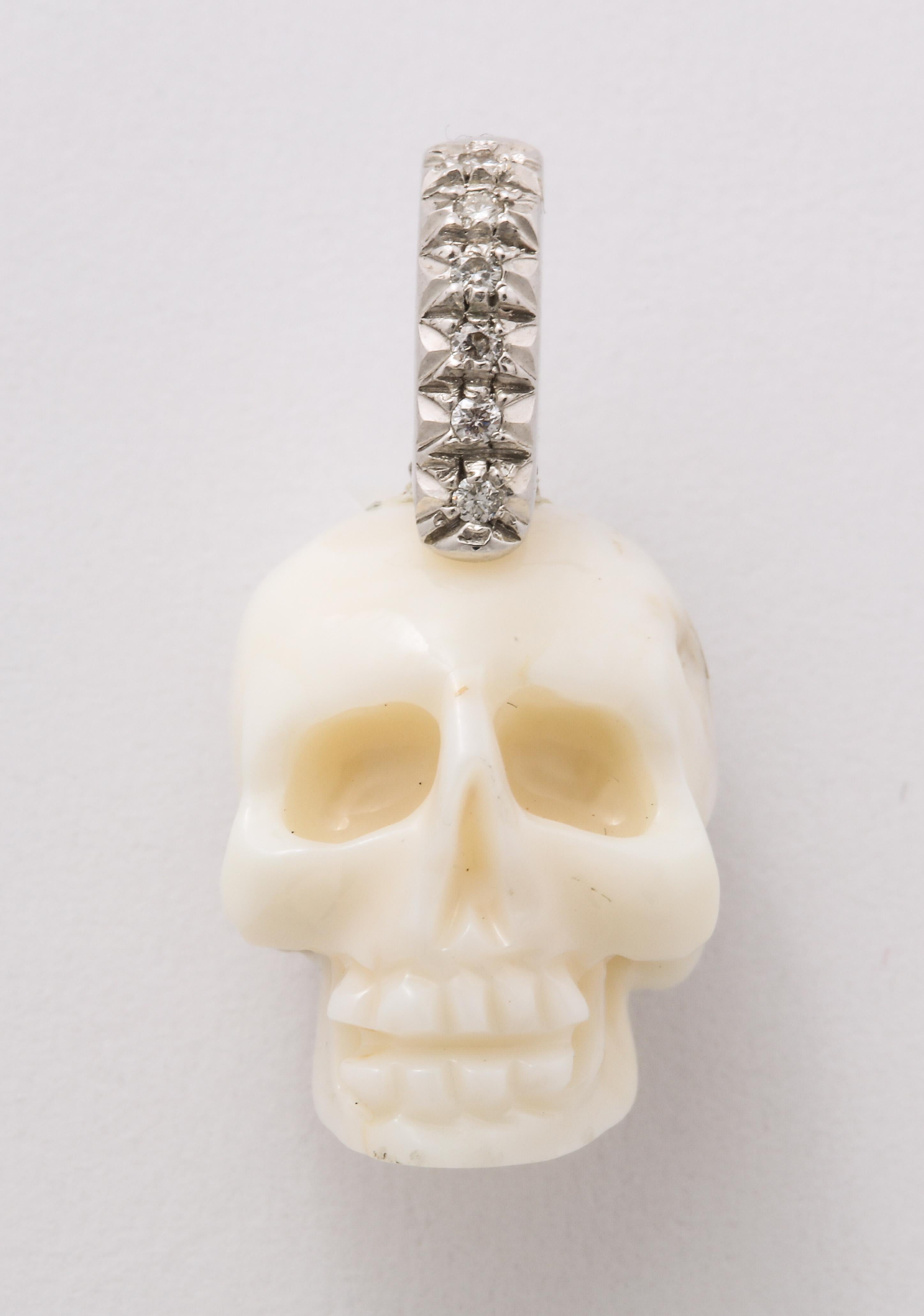 Natural White Coral Carved Skull Paved Diamonds On Onyx Beads 18k Gold Clasp For Sale 3