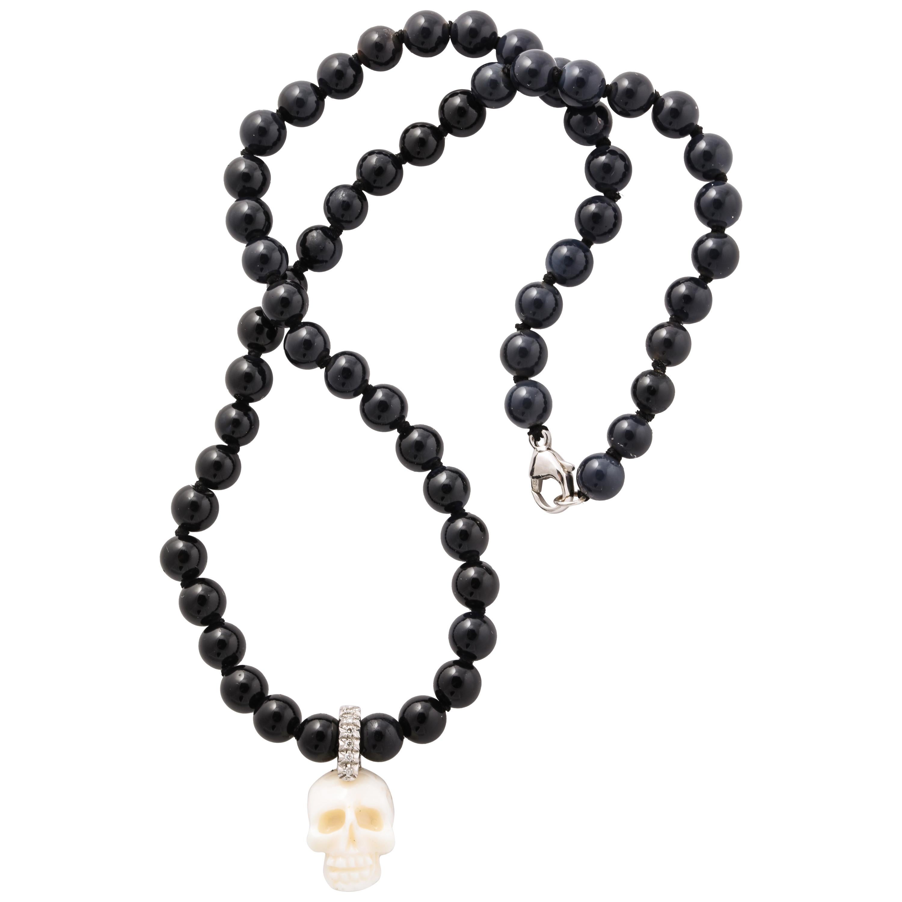 Natural White Coral Carved Skull Paved Diamonds On Onyx Beads 18k Gold Clasp For Sale