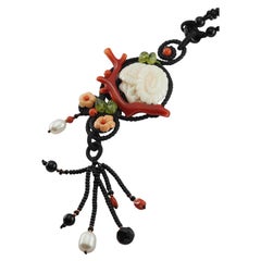 Natural White Coral Chrysanthemum, Red Coral, Peridot and Agate Necklace