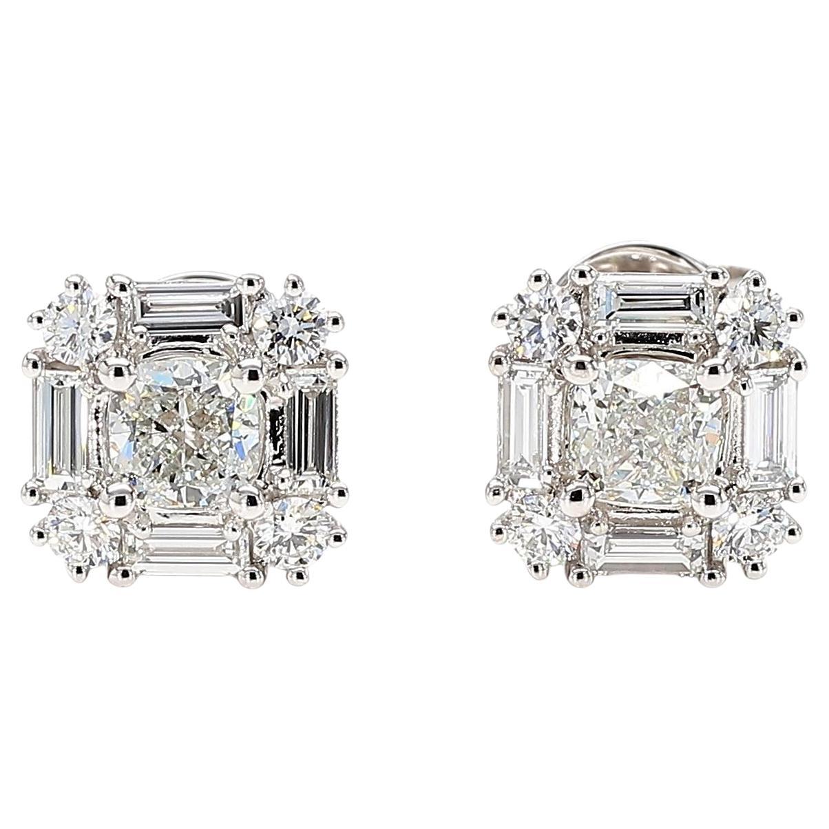 Natural White Cushion Diamond 1.49 Carat TW White Gold Stud Earrings