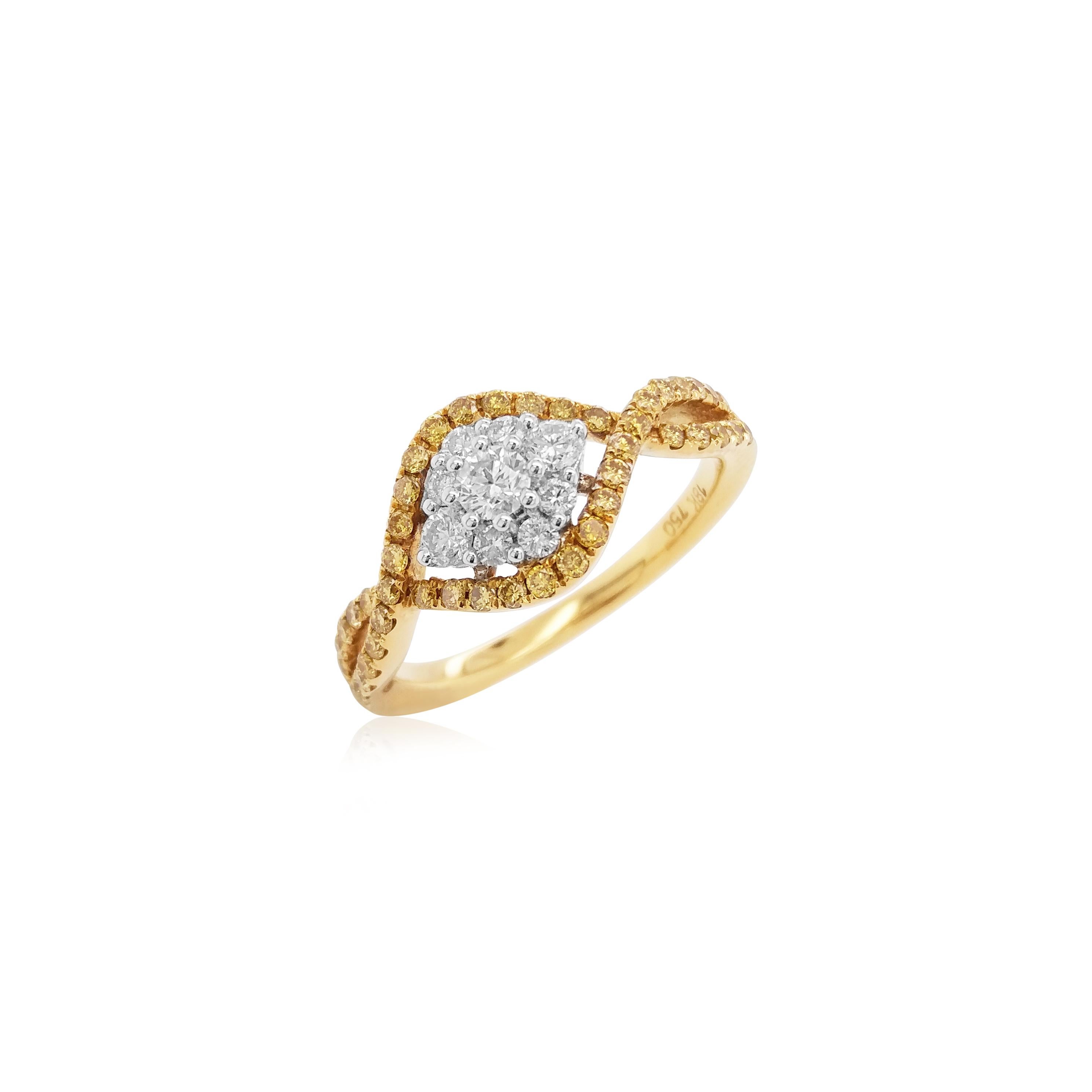 Taille brillant Bague de fiançailles en or 18 carats avec diamant blanc naturel et diamant jaune en vente