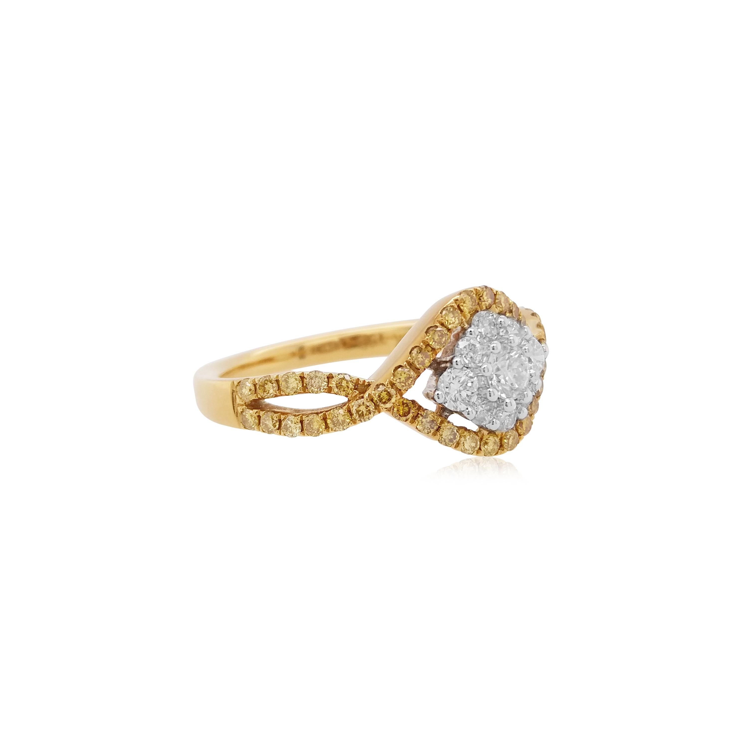 Contemporary Natural White Diamond Yellow Diamond 18K Gold Engagement Ring For Sale