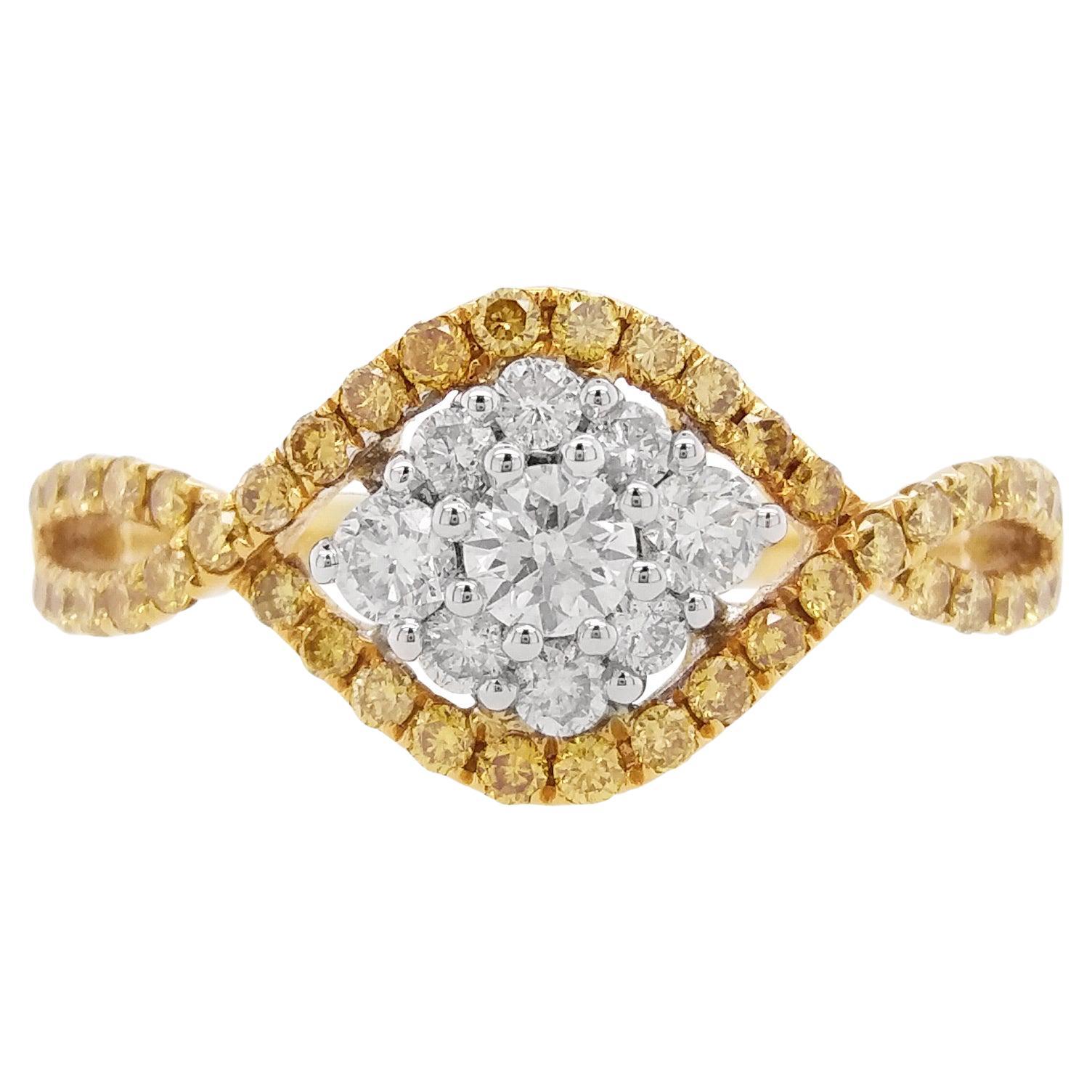 Bague de fiançailles en or 18 carats avec diamant blanc naturel et diamant jaune