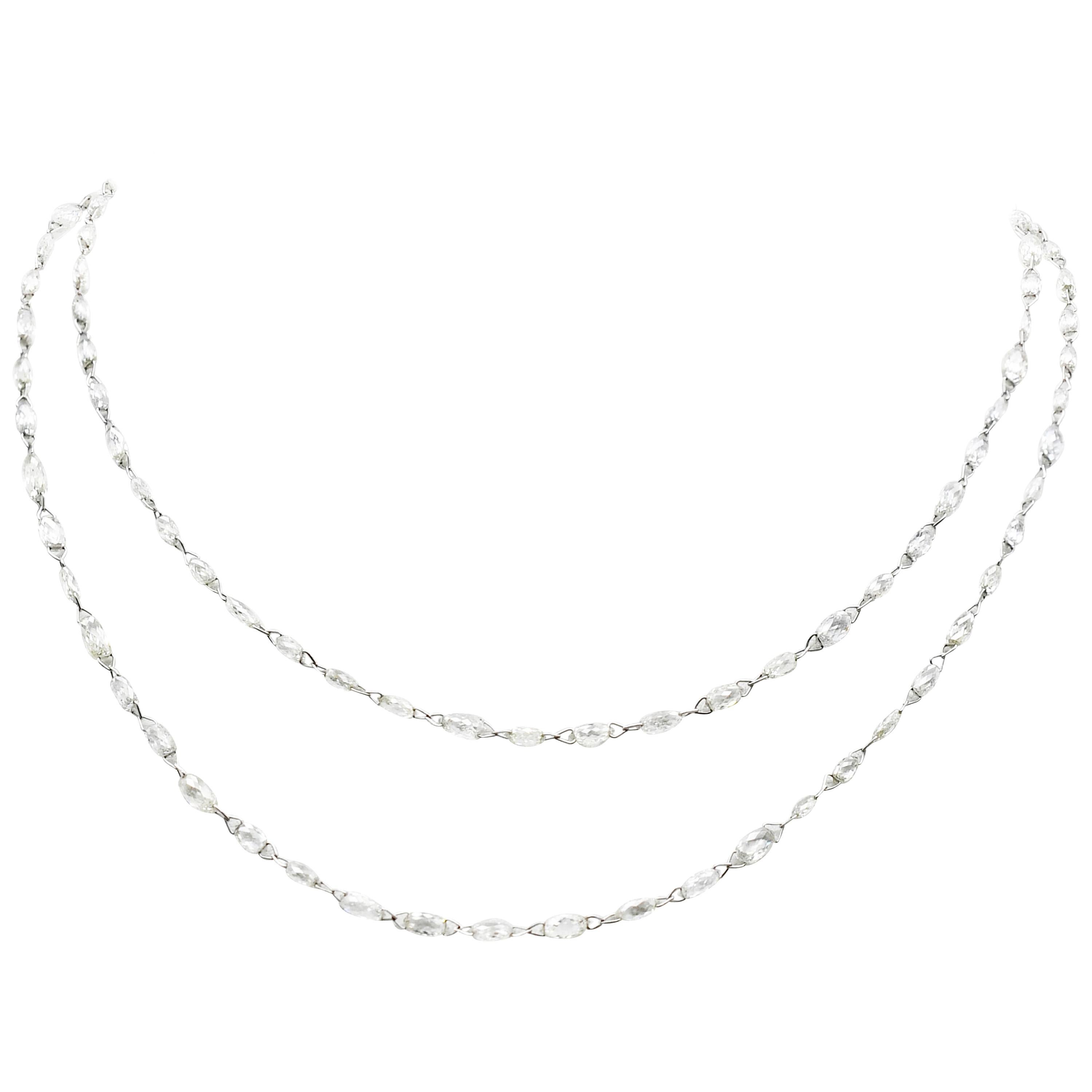 Natural White Diamond Briolette Chain Necklace in 18 Karat White Gold