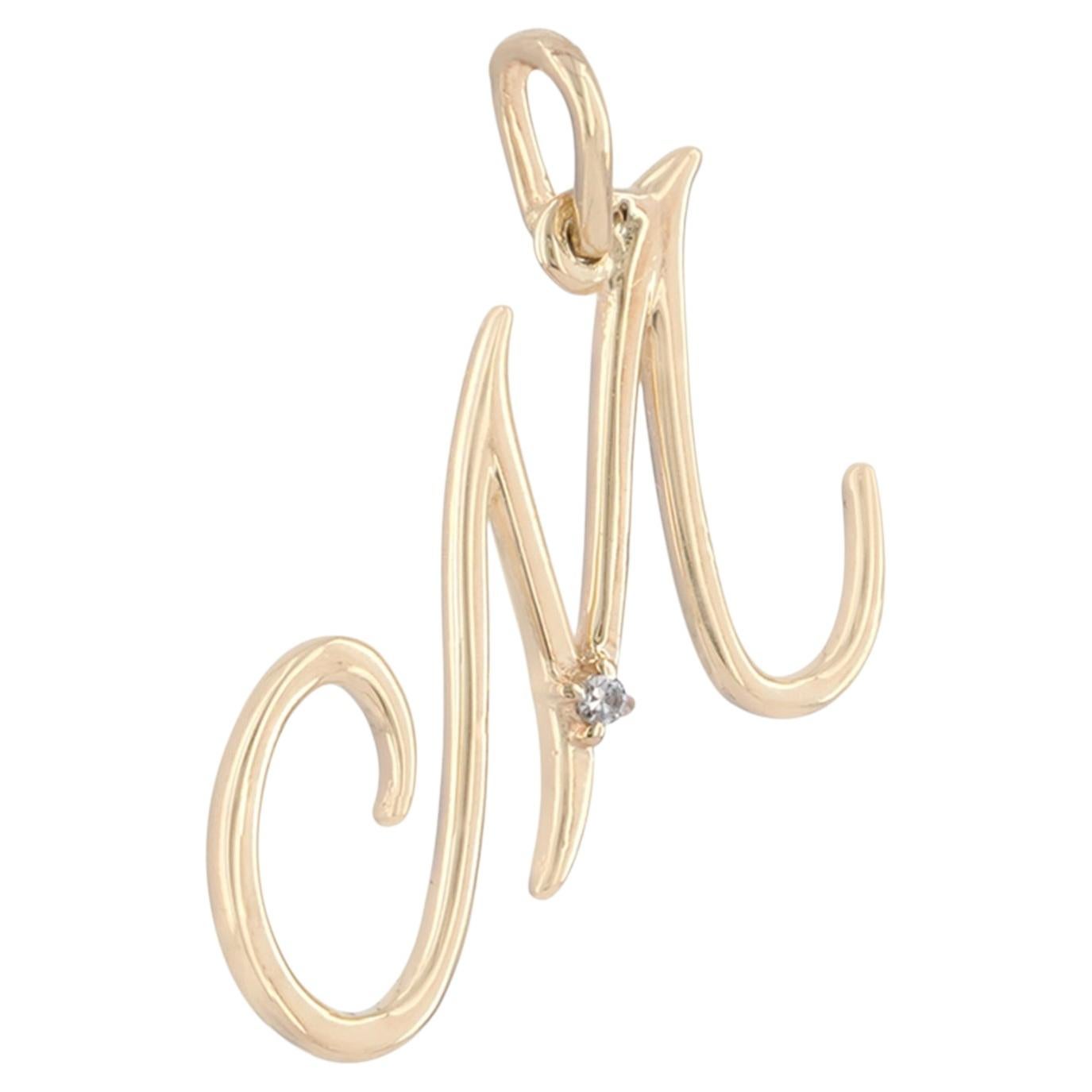 Natural White Diamond Solid 14k Yellow Gold Jewelry M Letter Initial Pendant