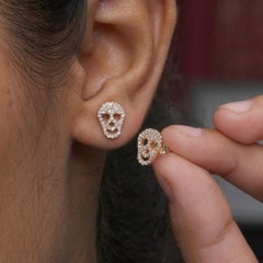 Natural White Diamond Studs Solid 14k Yellow Gold Dainty Skull Earrings