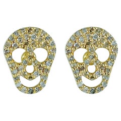Natural White Diamond Studs Solid 14k Yellow Gold Dainty Skull Earrings