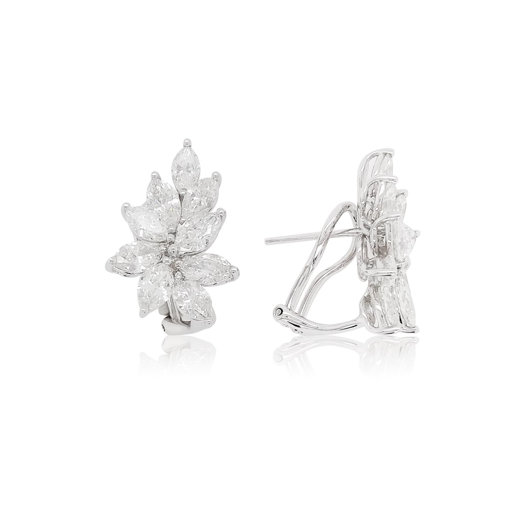 These scintillating earrings feature high-quality lustrous marquise shape natural White Diamonds. Each diamond is matched perfectly by experts. These spectacular earrings will add the perfect finishing touch to any outfit.
-	Marquise shape natural