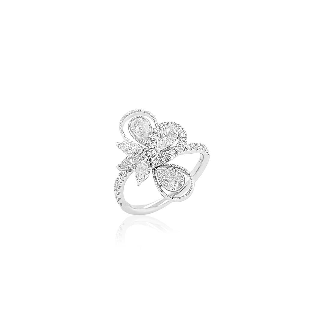 Mixed Cut Natural White Diamonds Platinum Cocktail Ring For Sale