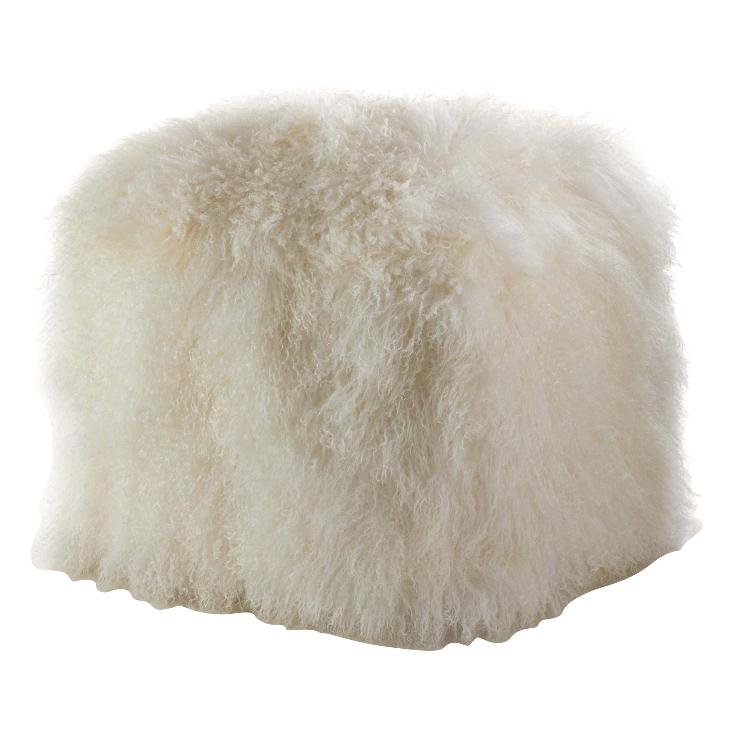 Natural White Fur Ottoman, Mongolian Sheepskin Pouffe