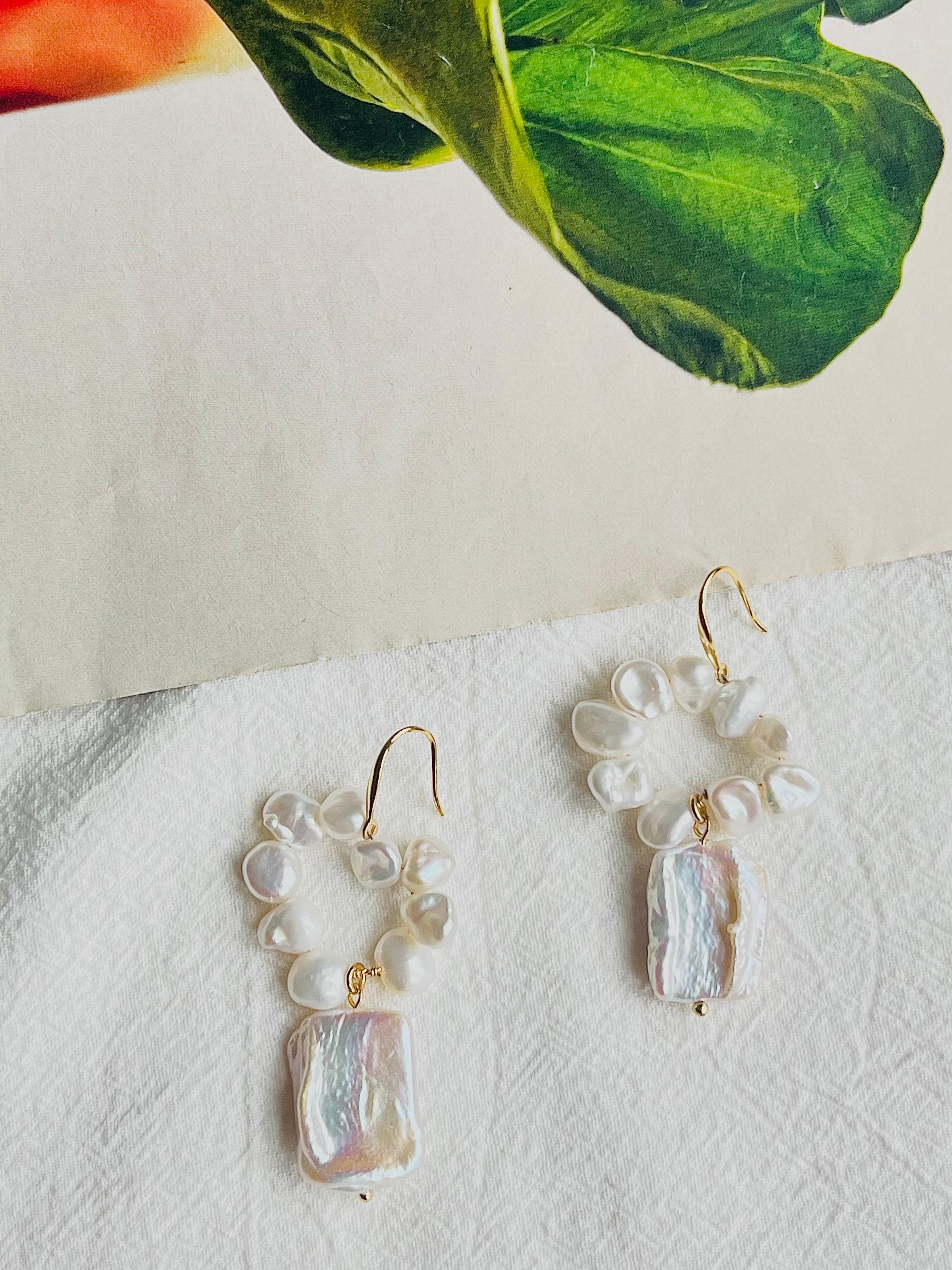 Art Deco Natural White Irregular Pearls Rectangle Circle Pendant Hoop Drop Gold Earrings For Sale