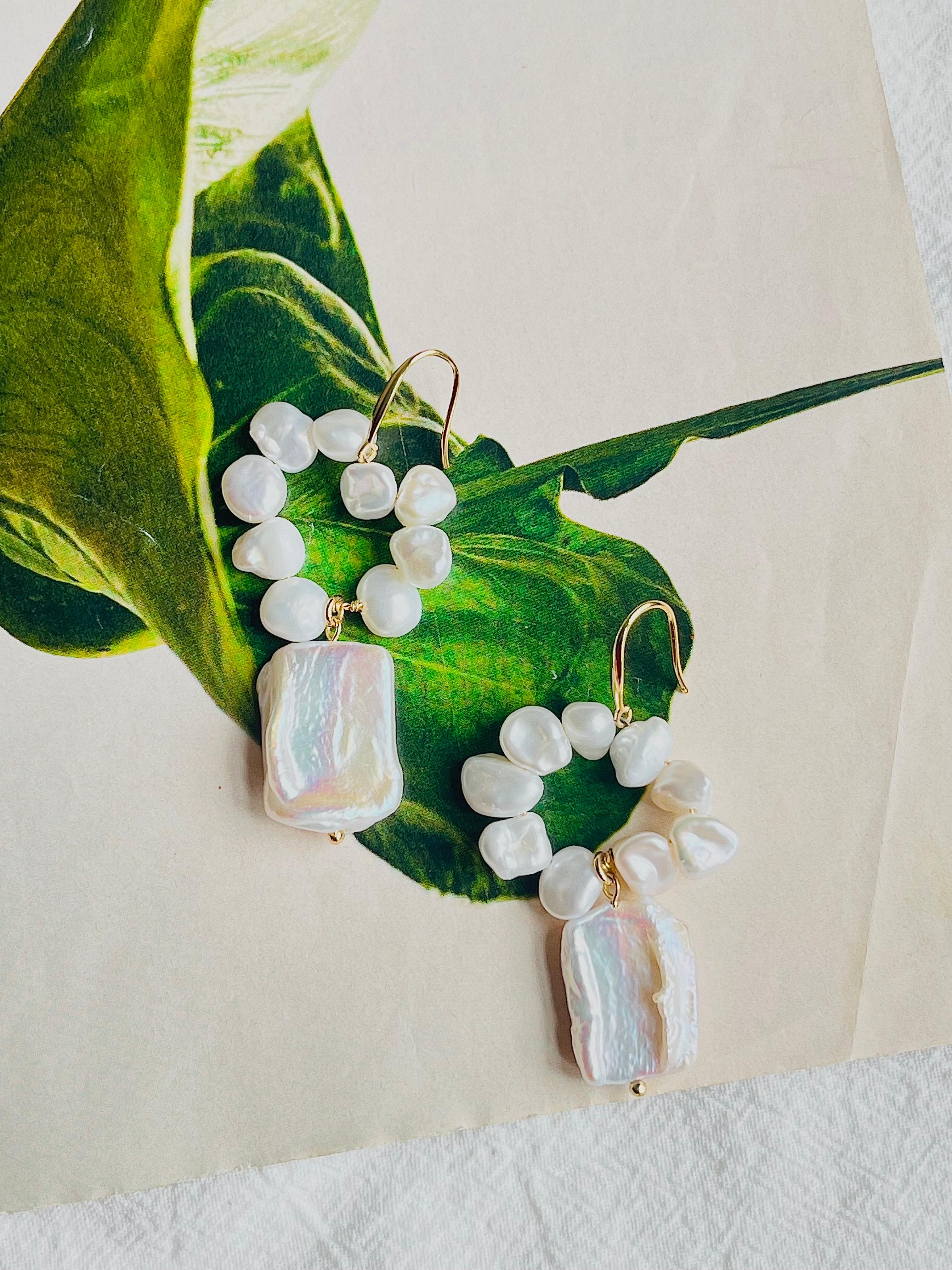 Natural White Irregular Pearls Rectangle Circle Pendant Hoop Drop Gold Earrings In New Condition For Sale In Wokingham, England