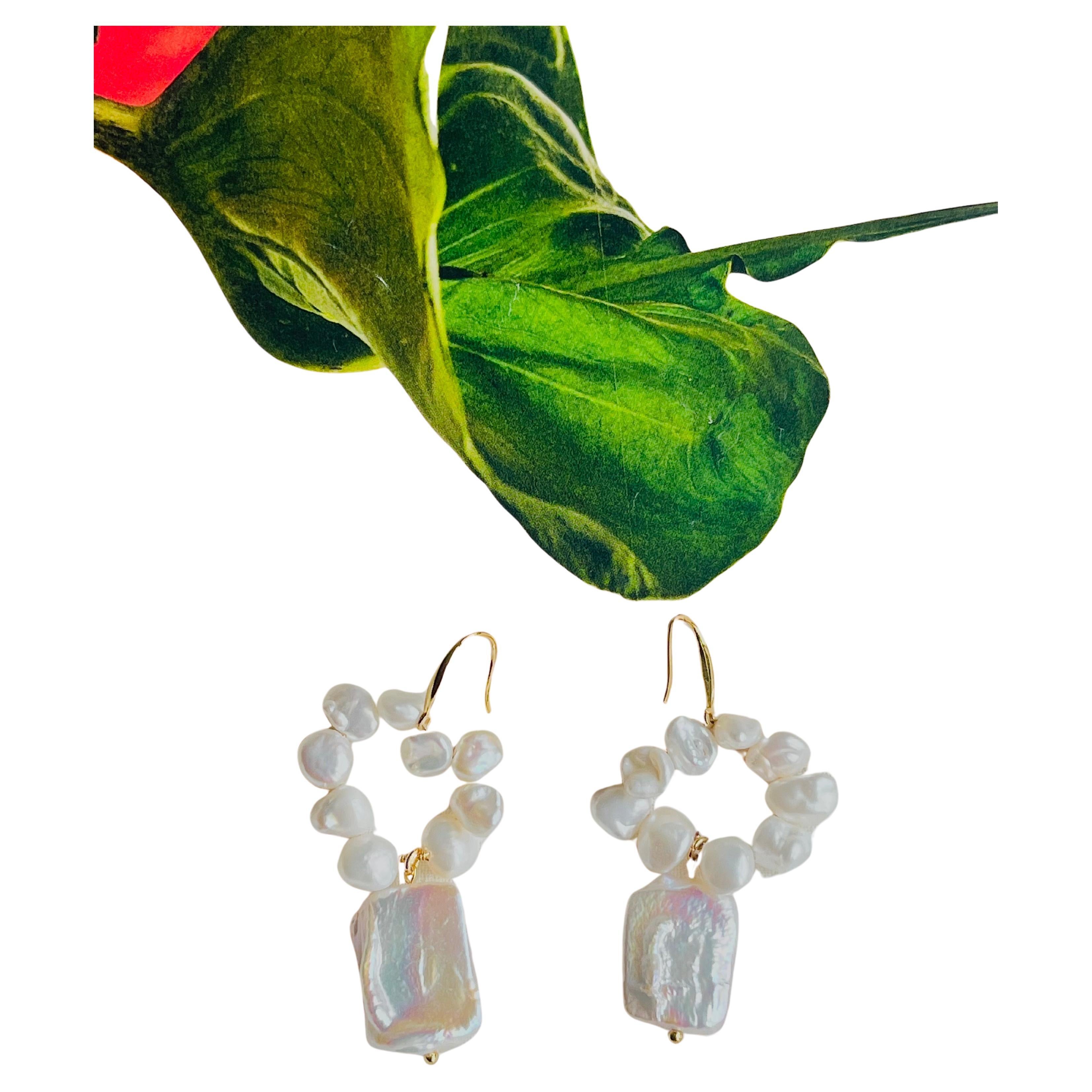 Natural White Irregular Pearls Rectangle Circle Pendant Hoop Drop Gold Earrings