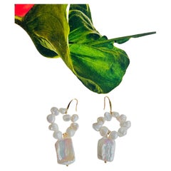 Natural White Irregular Pearls Rectangle Circle Pendant Hoop Drop Gold Earrings