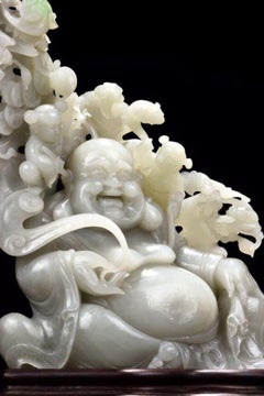 Natural White Jade Milefo Carving with Two Fairies, Bats And Coins