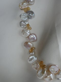 Natural White Keshi Pearls Imperial Topaz Briolettes Silver Gemstone Necklace