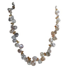 Natural White Keshi Pearls Imperial Topaz Briolettes Silver Gemstone Necklace