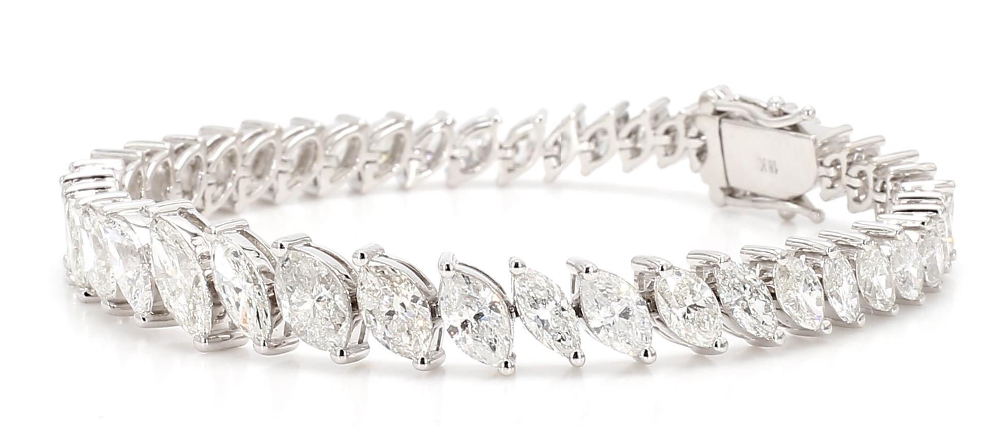 Taglio marquise Bracciale da tennis in oro bianco con diamanti bianchi marquise naturali da 13,55 carati TW in vendita