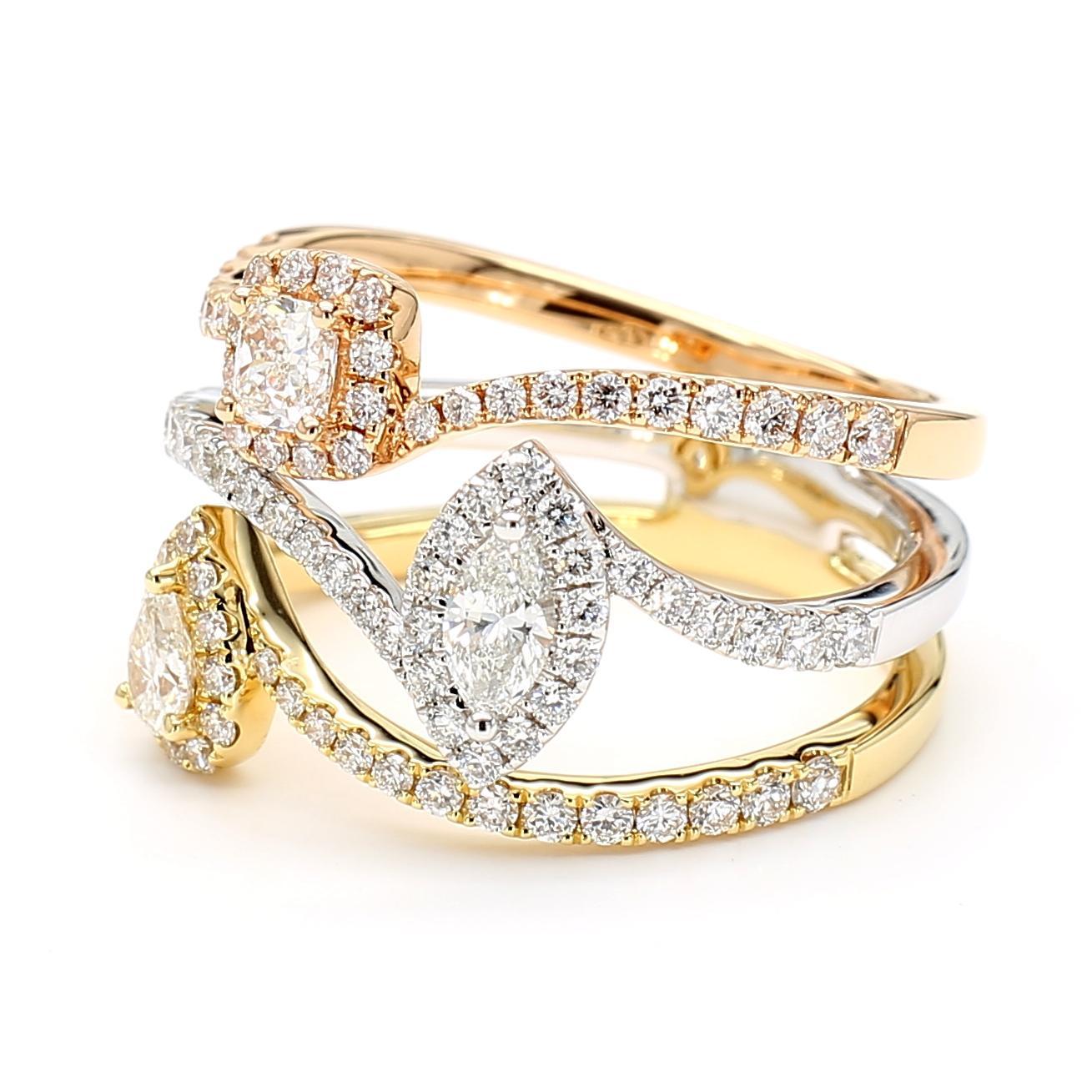 RareGemWorld's beautiful diamond ring. Mounted in a beautiful 18K Rose/Yellow/White Gold setting with a natural marquise cut white diamond, a natural pear cut white diamond, and a natural cushion cut white diamond. These diamonds are surrounded by