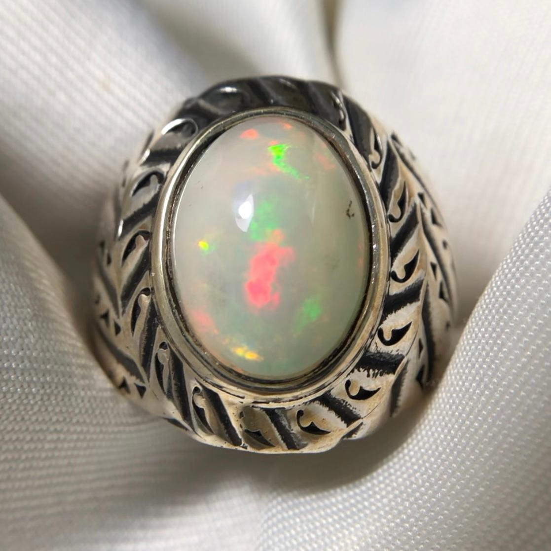 Anello in argento 925 opale bianco naturale fatto a mano pieno di fuoco misura 9,5 in vendita 6
