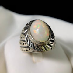 Anello in argento 925 opale bianco naturale fatto a mano pieno di fuoco misura 9,5