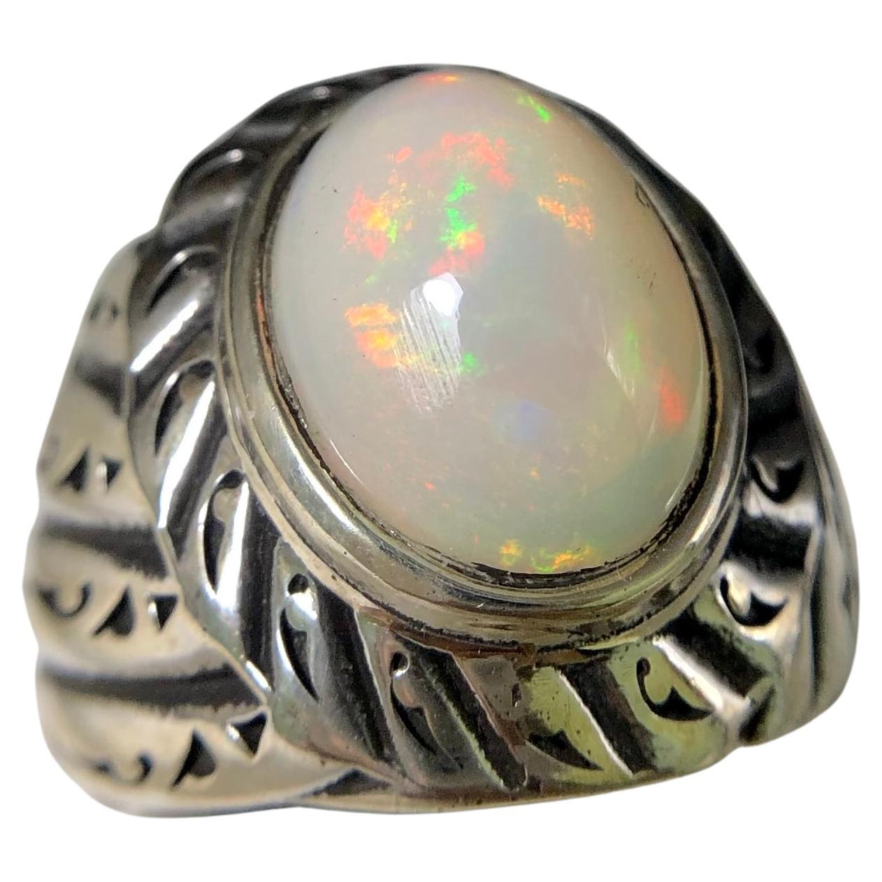 Natural White Opal 925 Sterling Silver Ring Handmade Full of Fire Size 9.5