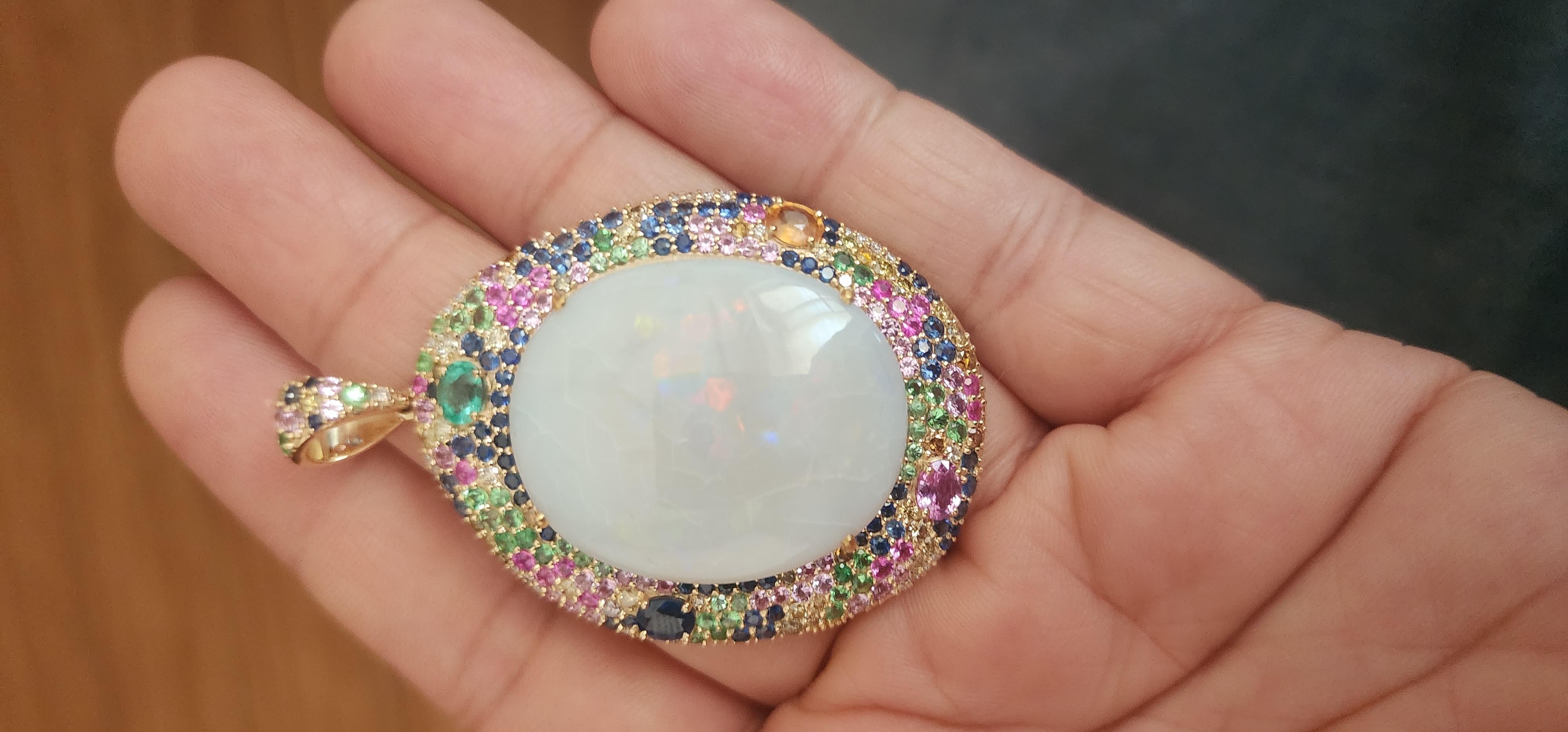 Ciondolo con diamante Opale bianco naturale e zaffiro multiplo in oro 14k in vendita 5