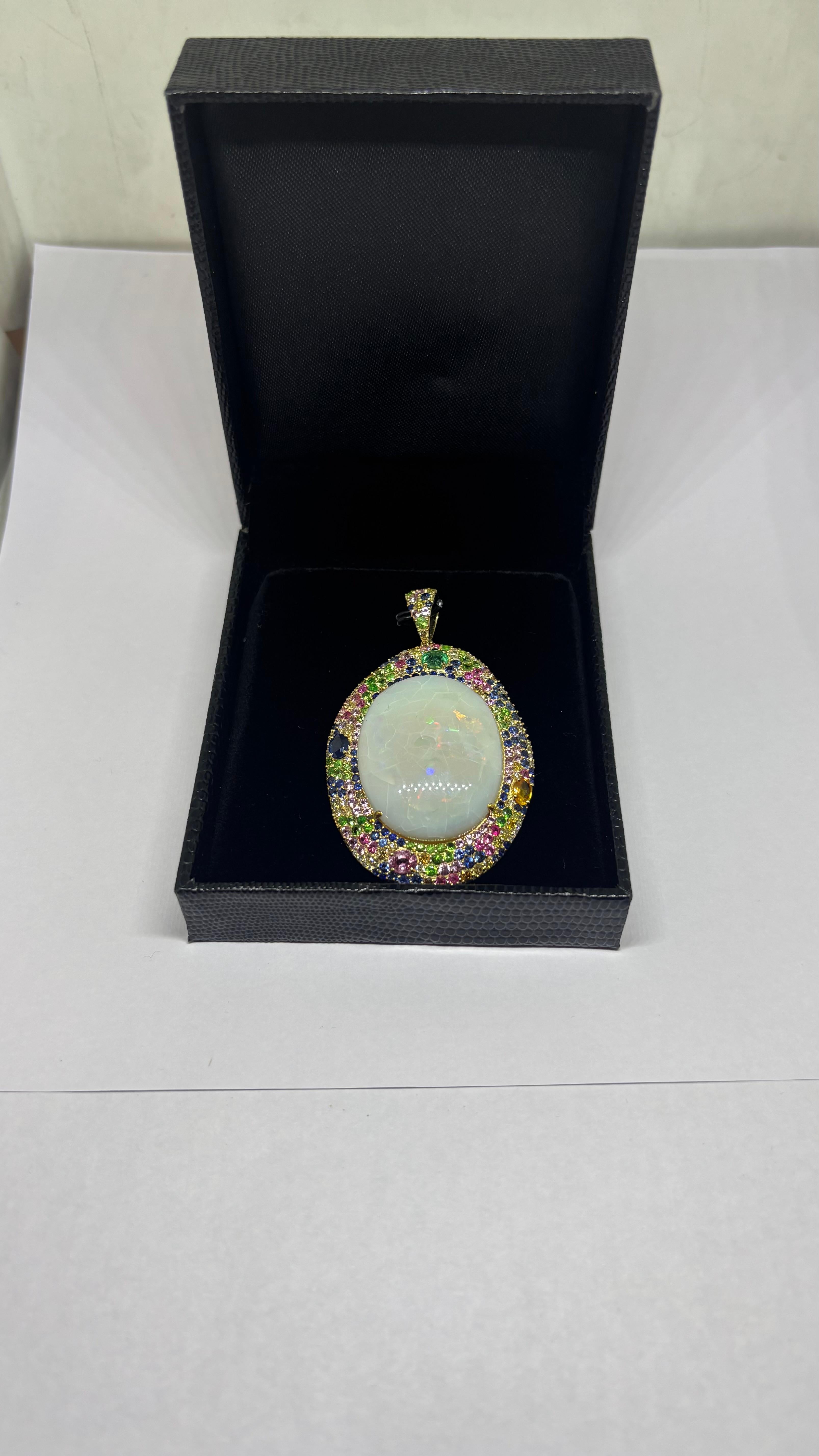 Taglio misto Ciondolo con diamante Opale bianco naturale e zaffiro multiplo in oro 14k in vendita