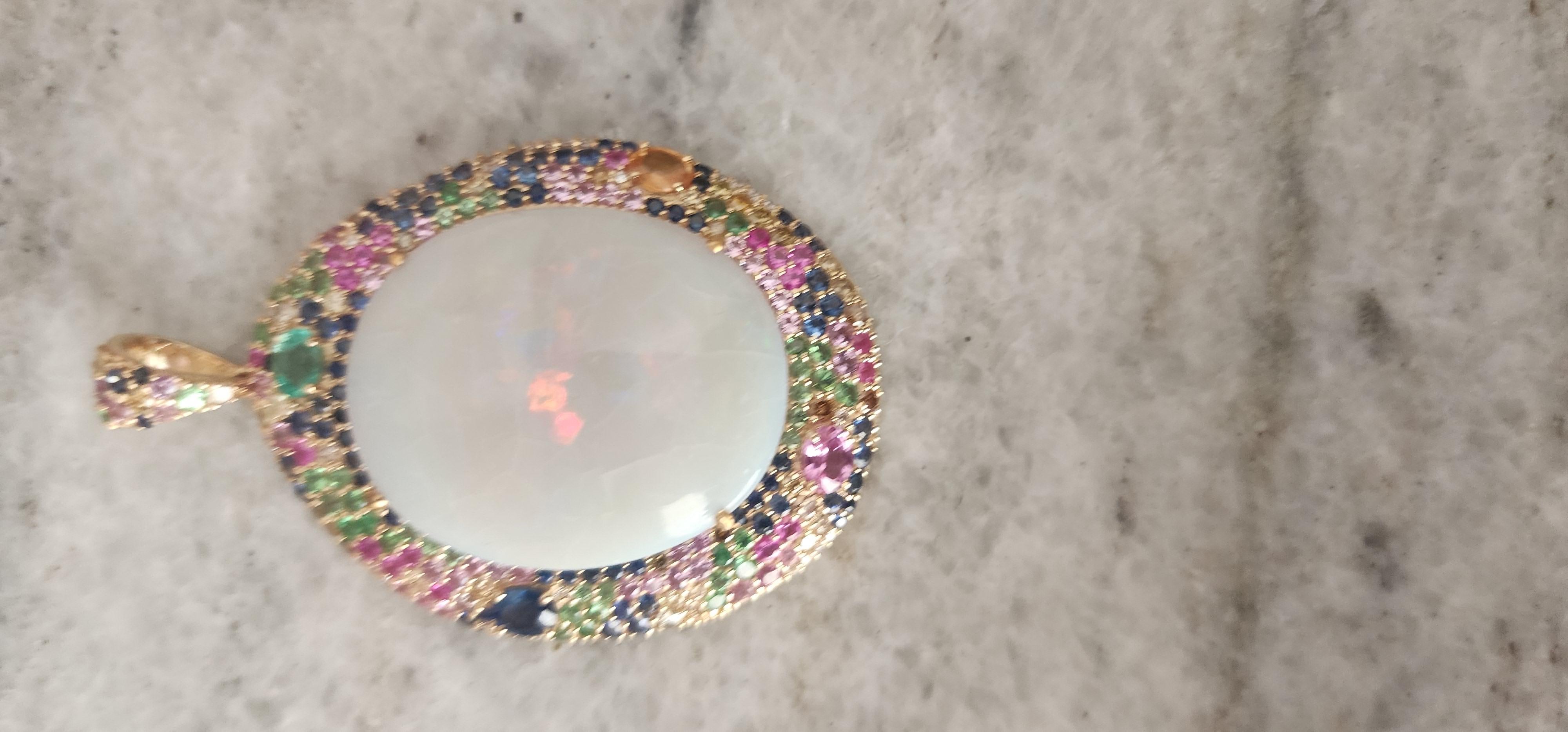 Ciondolo con diamante Opale bianco naturale e zaffiro multiplo in oro 14k in vendita 2