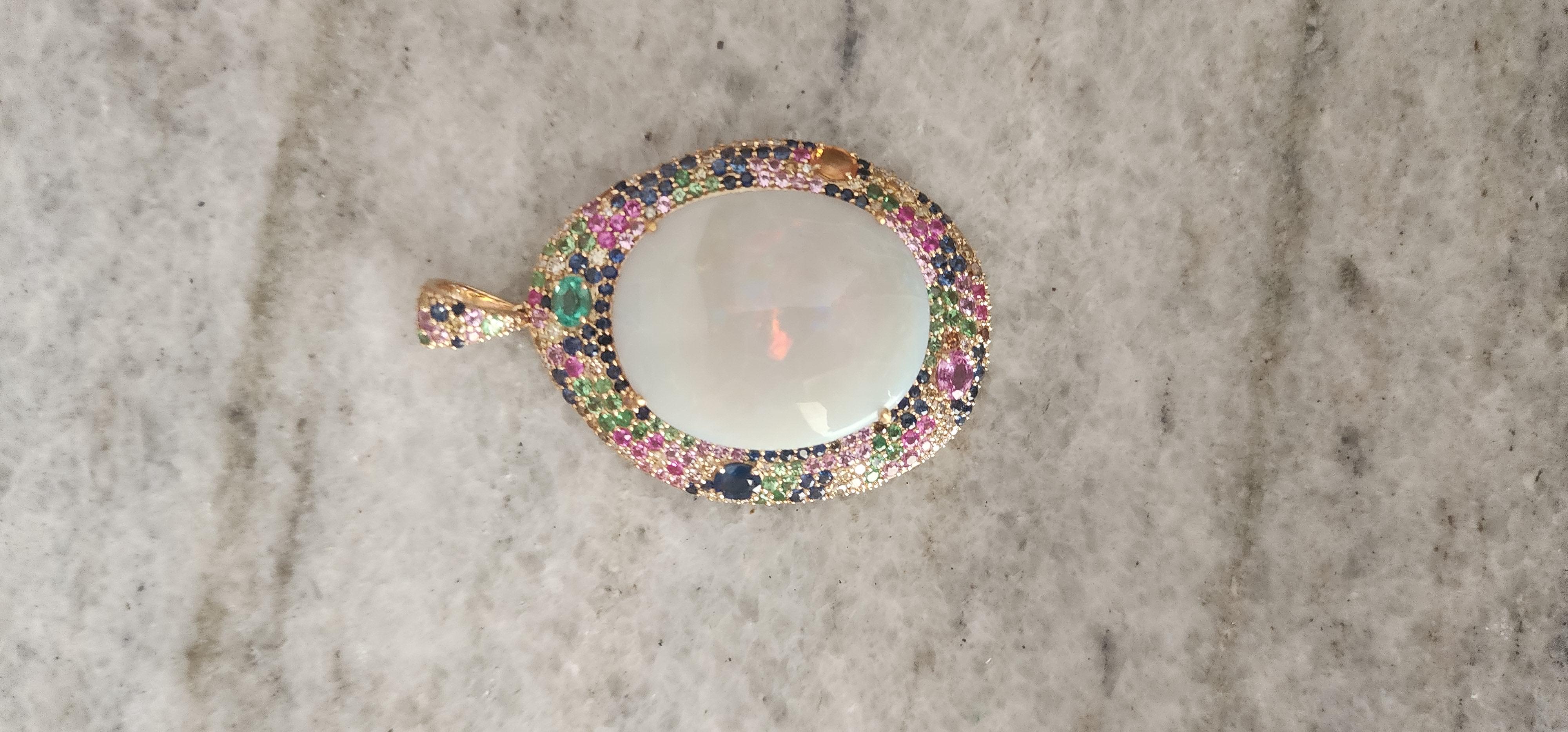 Ciondolo con diamante Opale bianco naturale e zaffiro multiplo in oro 14k in vendita 3
