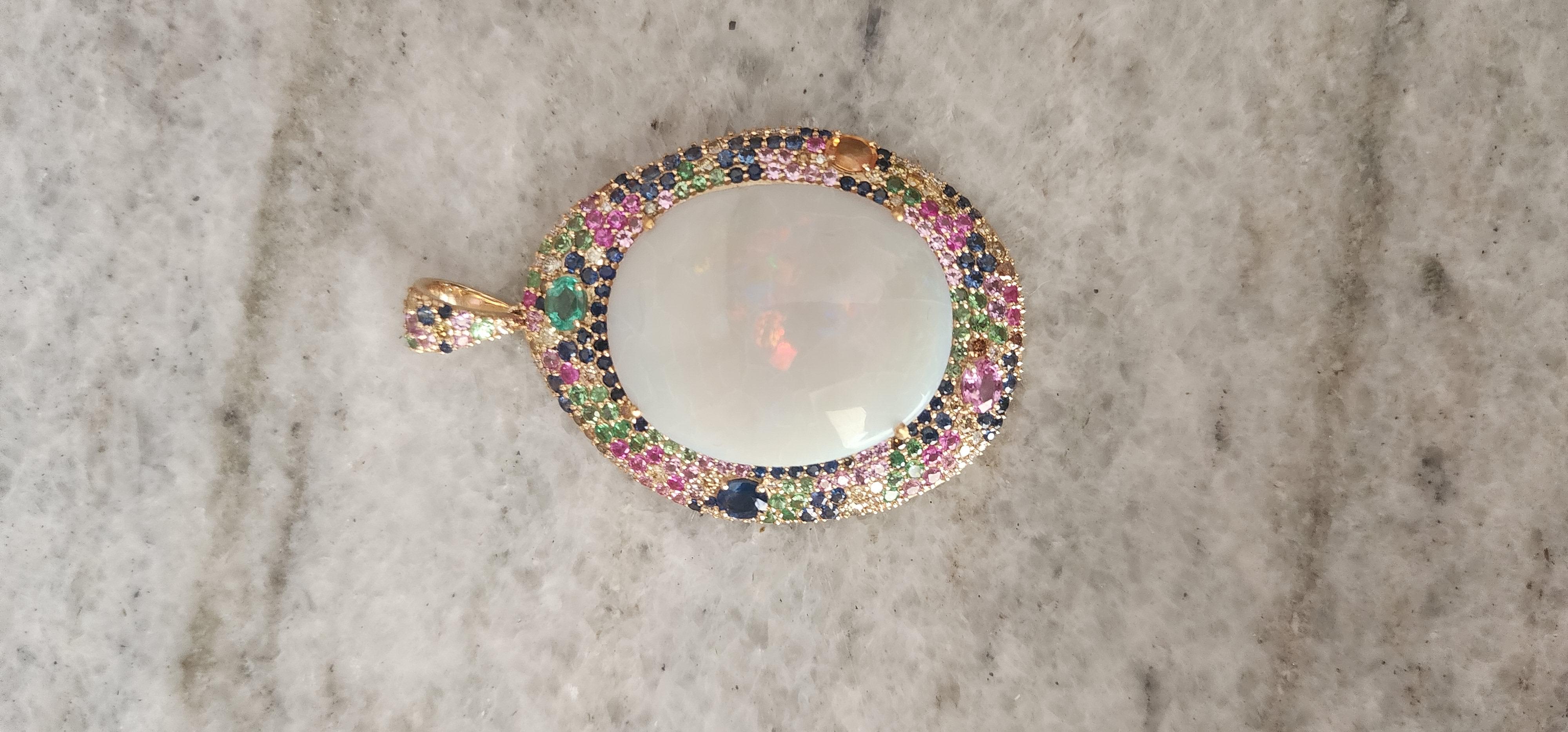 Ciondolo con diamante Opale bianco naturale e zaffiro multiplo in oro 14k in vendita 4