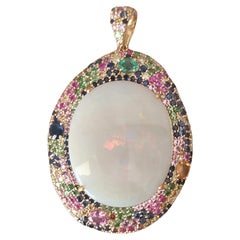 Natural white Opal multi sapphire diamond Pendant in 14k gold