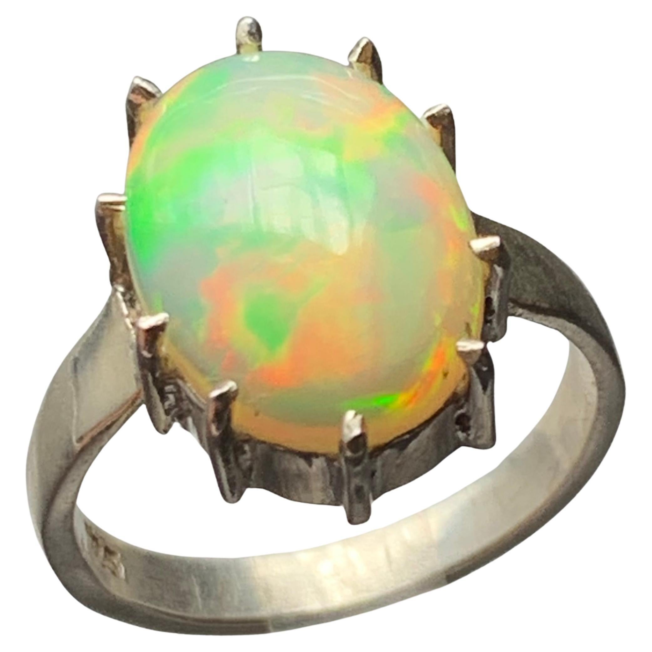 Natural White Opal Oval Cabochon Ring in 925 Sterling Silver Handmade Jewelry