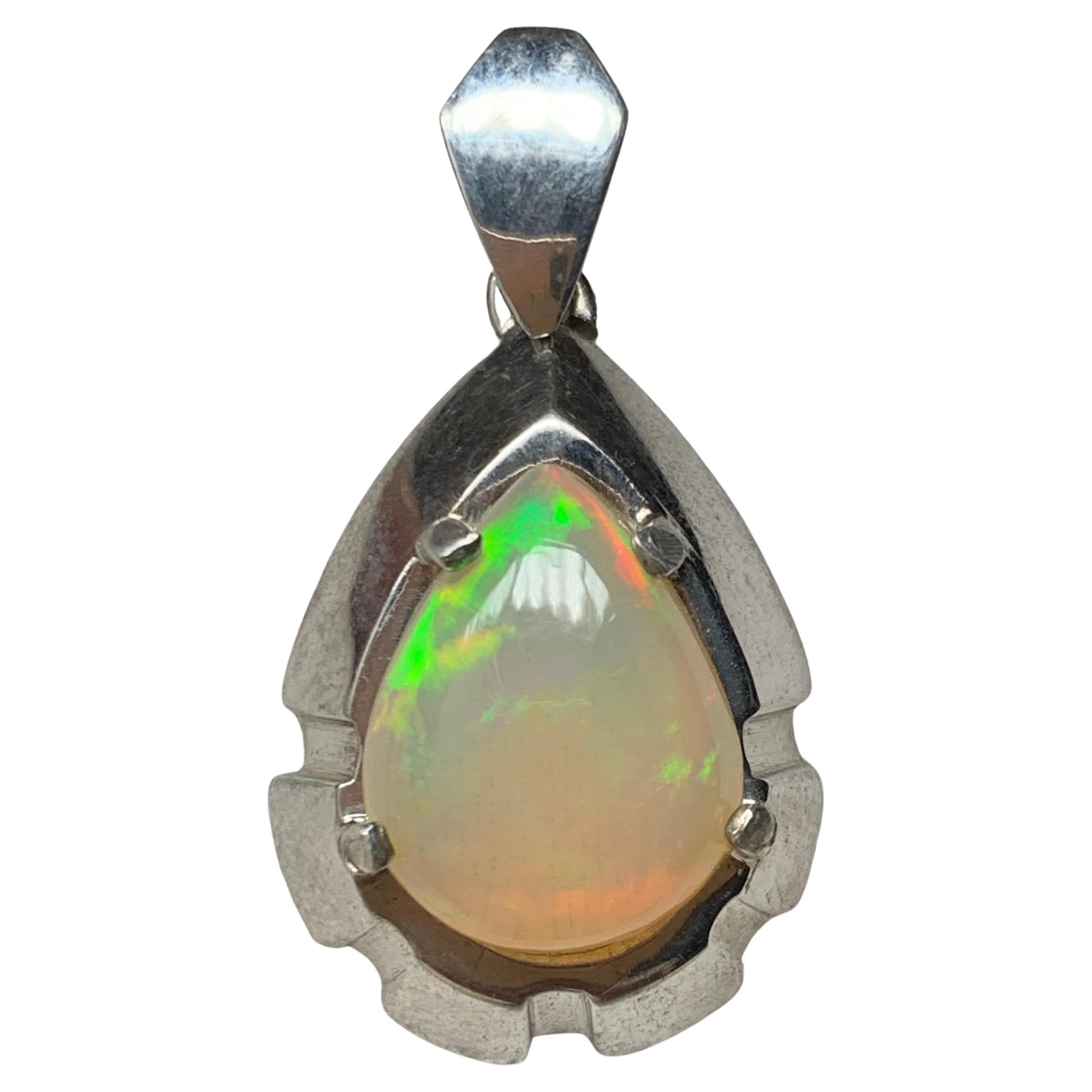 Natural White Opal Pendant in 925 Sterling Silver – Handmade with Play of Color