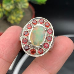 Natural White Opal & Red Garnet Cocktail Ring — Handmade in 925 Sterling Silver