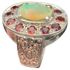 Natural White Opal & Red Garnet Cocktail Ring — Handmade in 925 Sterling Silver