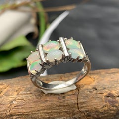 Natural White Opal Ring 6 Oval Cabochon Gemstones in 925 S.Silver Setting Size 9