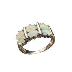 Natural White Opal Ring 6 Oval Cabochon Gemstones in 925 S.Silver Setting Size 9