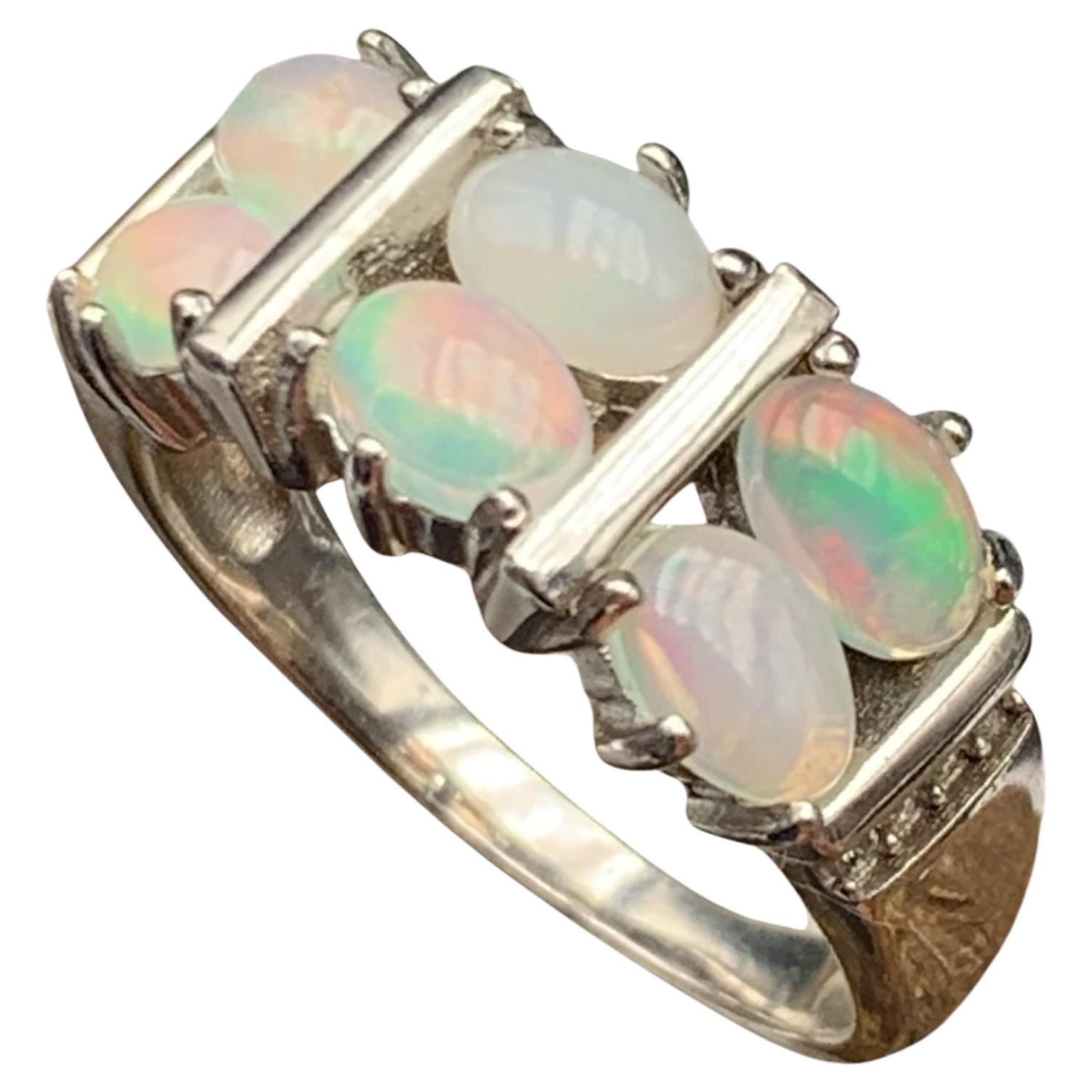 Natural White Opal Ring 6 Oval Cabochon Gemstones in 925 S.Silver Setting Size 9