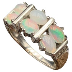 Natural White Opal Ring 6 Oval Cabochon Gemstones in 925 S.Silver Setting Size 9
