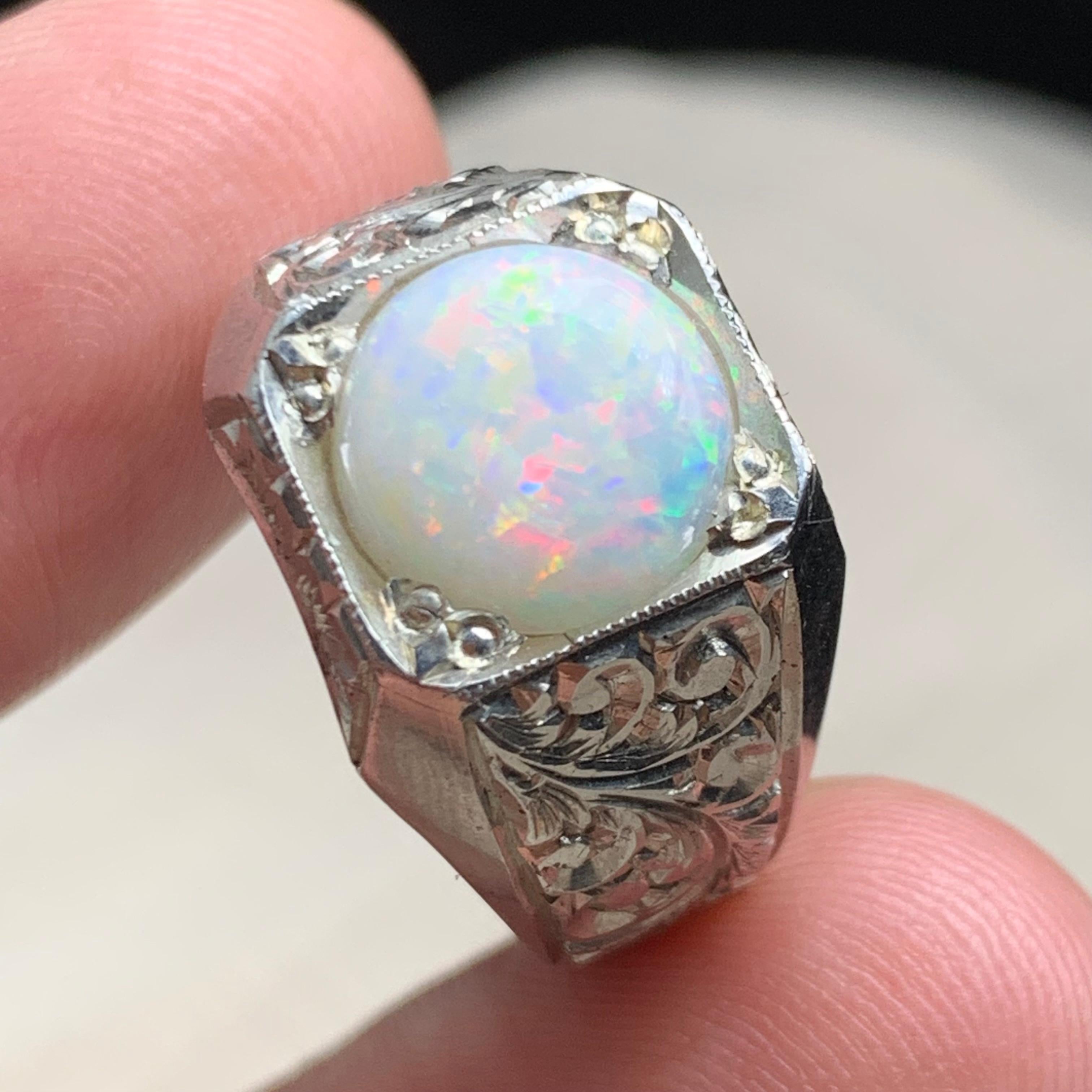 da uomo o donna Anello di opale bianco naturale in argento 925 - Fatto a mano con giochi di colore in vendita