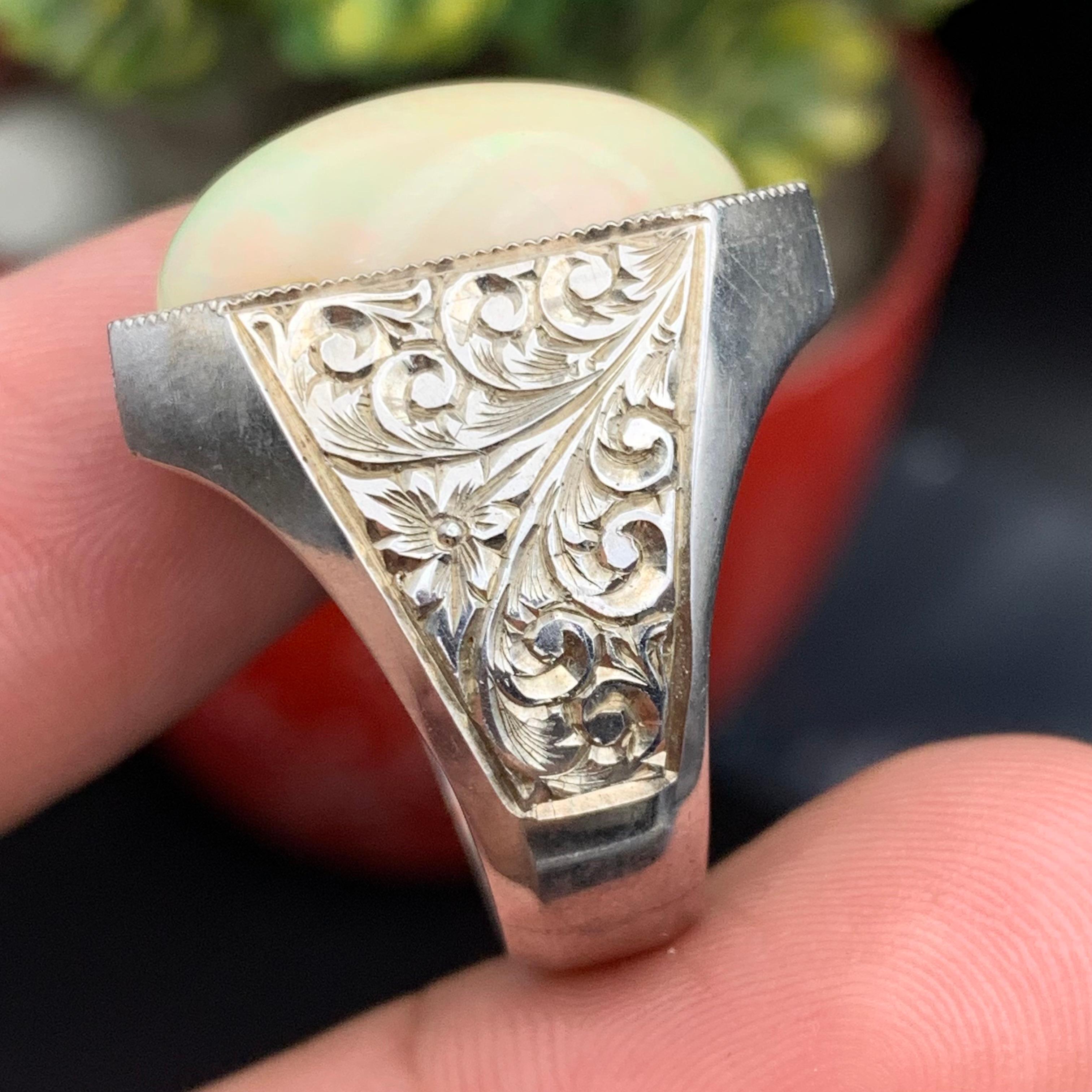 da uomo o donna Anello di opale bianco naturale in argento 925 - Fatto a mano con giochi di colore in vendita